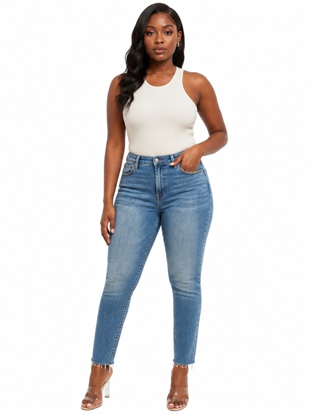 Frame Denim High-Rise Slim Straight Jeans in Medium Blue